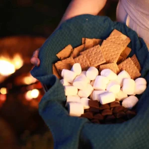 Bowl of graham crackers and marshmallows for s'mores by the campfire