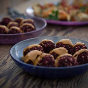 Plate of chocolate beet energy balls