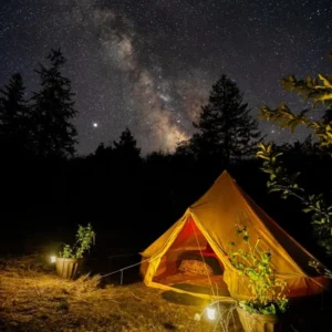 Glamping bell tent glowing under the Milky Way at night