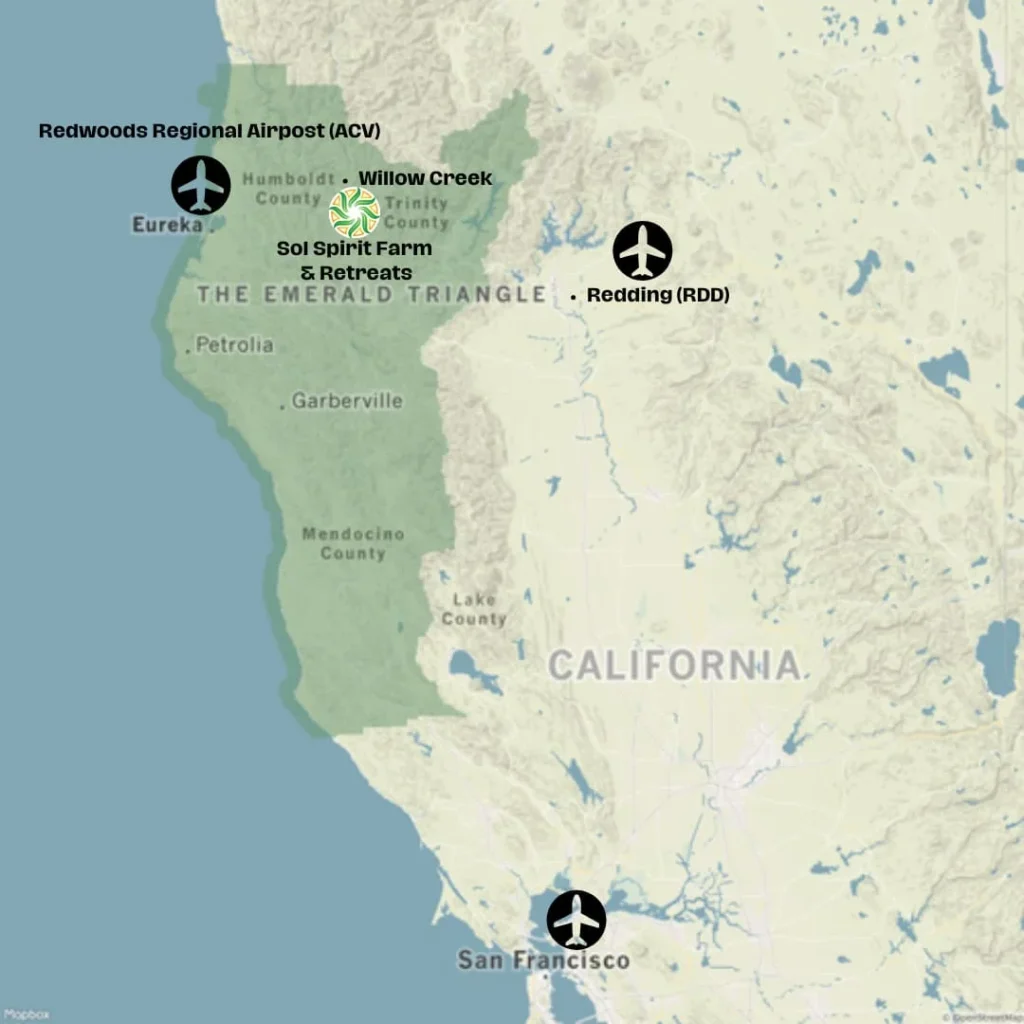 Map of Northern California showing Sol Spirit Farm and the nearby airports